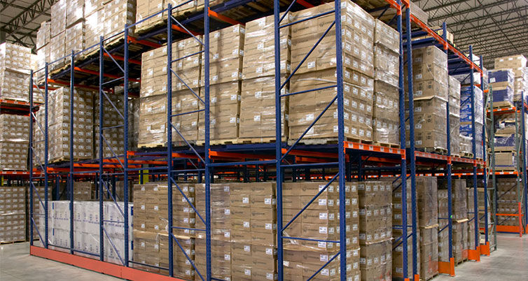 Pushback rack lanes loaded with pallets